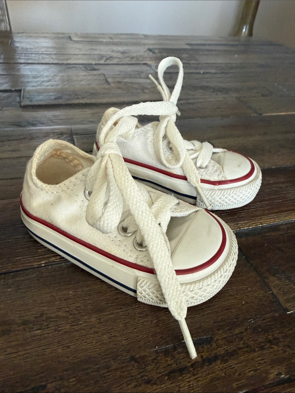 Kids White Canvas Lace-Up Sneakers with Red & Navy Stripe